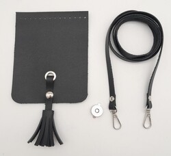 Angel Çanta Aksesuar Siyah Suni Deri Püskül Kapaklı Cep Telefonu Mini Bag Çanta Seti Gümüş Metal - Thumbnail