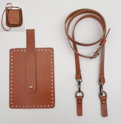 Angel Çanta Aksesuar Taba Gerçek Deri 130x1.5 cm Ayarlı Saplı Mini Bag Çanta Seti Antik Metalli - Thumbnail