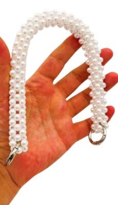 Angel Çanta Aksesuar 31 cm Beyaz Boncuklu Kare Model Çanta Sapı Yaylı Halkalı - 1