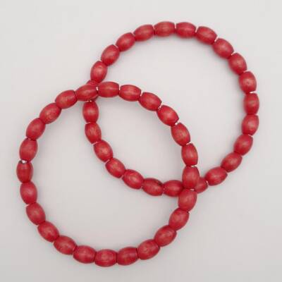 Angel Çanta Aksesuar 12 cm Oval Ahşap Boncuklu Bilezik Model Kırmızı Renk Çift Sap - 1