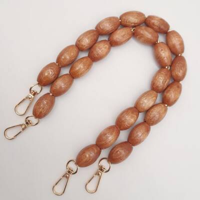Angel Çanta Aksesuar 40 cm Ahşap Oval Boncuklu Taba Renk Kancalı Çift Sap Light Gold Metalli - 3