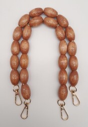 Angel Çanta Aksesuar 40 cm Ahşap Oval Boncuklu Taba Renk Kancalı Çift Sap Light Gold Metalli - Angel Çanta Aksesuar