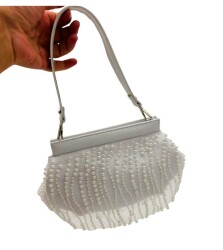 Angel Çanta Aksesuar İncili Beyaz Renk Gelin Çantası Abiye Çanta - 9