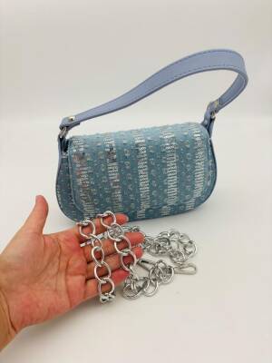 Angel Çanta Aksesuar Pullu Kot Kumaş, Denim Çanta (100 cm Zincir İle Gönderilecektir) - 5
