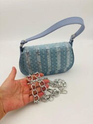 Angel Çanta Aksesuar Pullu Kot Kumaş, Denim Çanta (100 cm Zincir İle Gönderilecektir) - 5