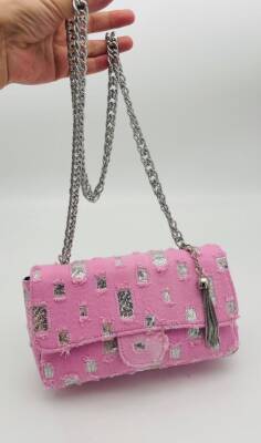 Angel Çanta Aksesuar Pullu Pembe Kot Kumaş, Denim Çanta Zincirli - 1