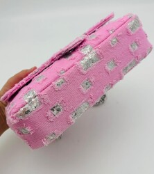 Angel Çanta Aksesuar Pullu Pembe Kot Kumaş, Denim Çanta Zincirli - 2