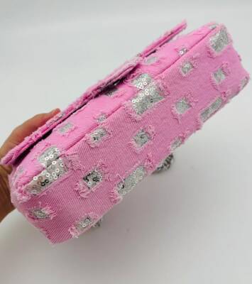 Angel Çanta Aksesuar Pullu Pembe Kot Kumaş, Denim Çanta Zincirli - 2