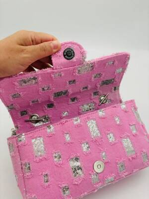 Angel Çanta Aksesuar Pullu Pembe Kot Kumaş, Denim Çanta Zincirli - 4