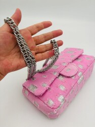 Angel Çanta Aksesuar Pullu Pembe Kot Kumaş, Denim Çanta Zincirli - 5