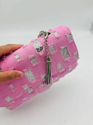 Angel Çanta Aksesuar Pullu Pembe Kot Kumaş, Denim Çanta Zincirli - 7