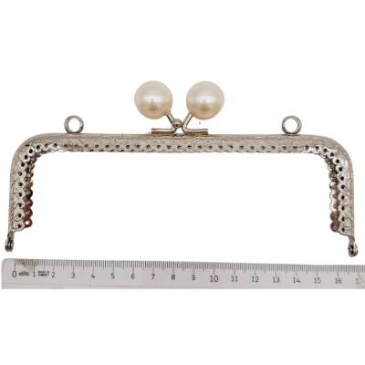 Angel Çanta Aksesuar 16.5 cm İncili Dikdörtgen Çanta Klipsi Çanta Bursu Gümüş Metalli - 2