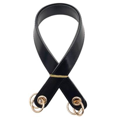 Angel Çanta Aksesuar Parlak Rugan Deri Kuş Gözlü Çift Çanta Sapı Siyah Renk Light Gold Metalli - 2