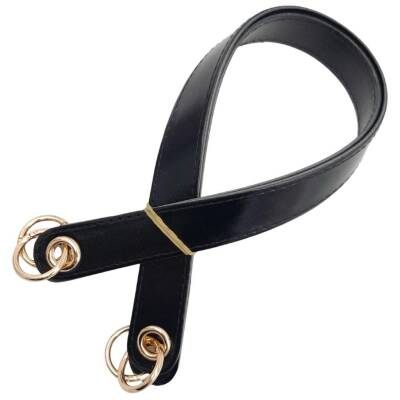 Angel Çanta Aksesuar Parlak Rugan Deri Kuş Gözlü Çift Çanta Sapı Siyah Renk Light Gold Metalli - 3