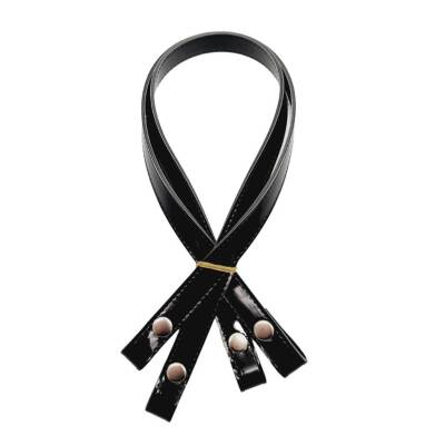 Angel Çanta Aksesuar Rugan Deri Çift Kat Dikişli 70 cm Çıtçıtlı Çanta Sapı Siyah Renk Gümüş Metalli - 1