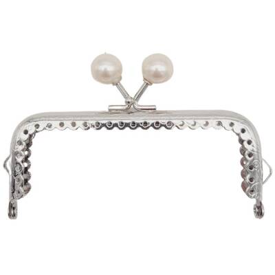Angel Çanta Aksesuar 10.5 cm Gümüş Metal İnci Toplu Dikdörtgen Cüzdan Klipsi Çanta Bursu Model 2 - 1