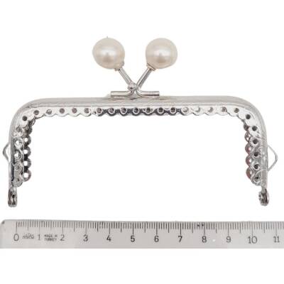 Angel Çanta Aksesuar 10.5 cm Gümüş Metal İnci Toplu Dikdörtgen Cüzdan Klipsi Çanta Bursu Model 2 - 2