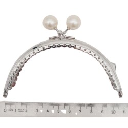 Angel Çanta Aksesuar 10.5 cm Gümüş Metal İnci Toplu Oval Cüzdan Klipsi Çanta Bursu Model 2 - 2