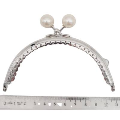 Angel Çanta Aksesuar 10.5 cm Gümüş Metal İnci Toplu Oval Cüzdan Klipsi Çanta Bursu Model 2 - 2