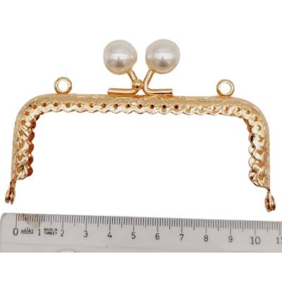 Angel Çanta Aksesuar 10.5 cm İncili Dikdörtgen Cüzdan Çanta Klipsi Bursu Light Gold Metalli - 2