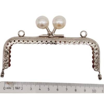 Angel Çanta Aksesuar 10.5 cm İncili Dikdörtgen Cüzdan Çanta Klipsi Bursu Gümüş Metalli - 2