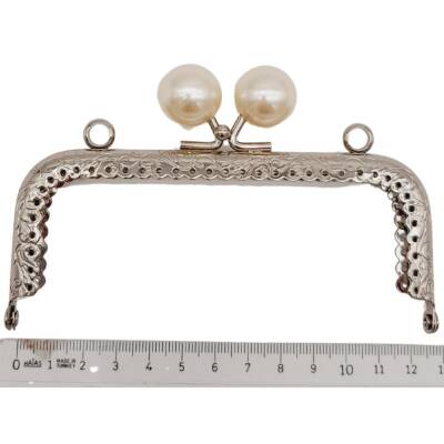 Angel Çanta Aksesuar 12.5 cm İncili Dikdörtgen Cüzdan Çanta Klipsi Bursu Gümüş Metalli - 2