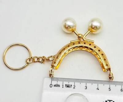 Angel Çanta Aksesuar 5 Cm Anahtarlıklı Cüzdan Klipsi Light Gold Renk İnci Toplu - 1