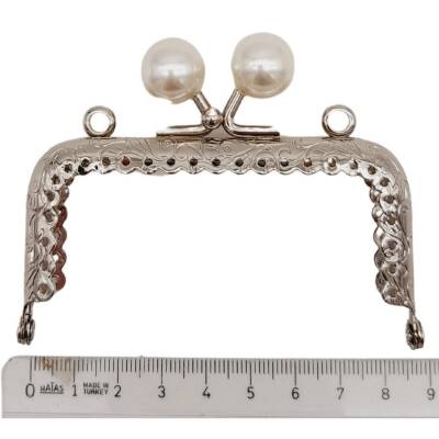 Angel Çanta Aksesuar 8.5 cm İncili Dikdörtgen Cüzdan Çanta Klipsi Bursu Gümüş Metalli - 2