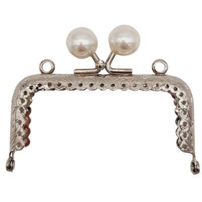 Angel Çanta Aksesuar 8.5 cm İncili Dikdörtgen Cüzdan Çanta Klipsi Bursu Gümüş Metalli - 1