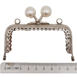 Angel Çanta Aksesuar 8.5 cm İncili Dikdörtgen Cüzdan Çanta Klipsi Bursu Gümüş Metalli - 2