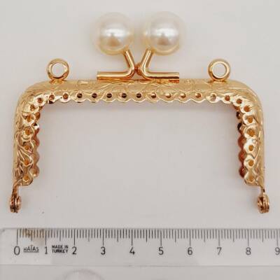 Angel Çanta Aksesuar 8.5 cm İncili Dikdörtgen Cüzdan Çanta Klipsi Bursu Light Gold Metalli - 2