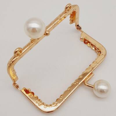 Angel Çanta Aksesuar 8.5 cm İncili Dikdörtgen Cüzdan Çanta Klipsi Bursu Light Gold Metalli - 3