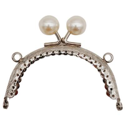 Angel Çanta Aksesuar 8.5 cm İncili Oval Cüzdan Çanta Klipsi Bursu Gümüş Metalli - 1