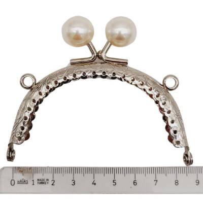 Angel Çanta Aksesuar 8.5 cm İncili Oval Cüzdan Çanta Klipsi Bursu Gümüş Metalli - 2