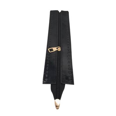 Angel Çanta Aksesuar Rugan Derili 28 cm Siyah Renk Fermuar Light Gold Metalli - 3
