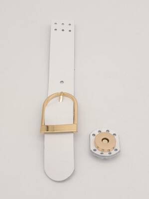 Angel Çanta Aksesuar 18x2,3 cm Beyaz Gerçek Deri Tokalı Çanta Kapağı Light Gold Metalli - 2