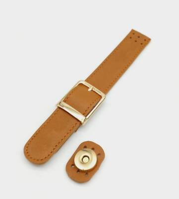 Angel Çanta Aksesuar 18x2,3 cm Taba Gerçek Deri Tokalı Dikişli Çift Kat Çanta Kapağı Light Gold Metalli - 1