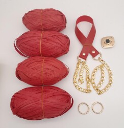 Angel Çanta Aksesuar Rafya Ve Kırmızı Renk Zincirli Sap Çanta Seti - Angel Çanta Aksesuar