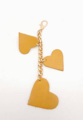 Angel Çanta Aksesuar Hardal Gerçek Deri Kalpli Süs Püskül Light Gold Zincirli - 1