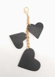 Angel Çanta Aksesuar Siyah Gerçek Deri Kalpli Süs Püskül Light Gold Zincirli - Angel Çanta Aksesuar