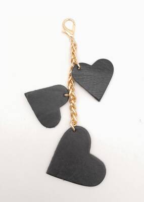 Angel Çanta Aksesuar Siyah Gerçek Deri Kalpli Süs Püskül Light Gold Zincirli - 1