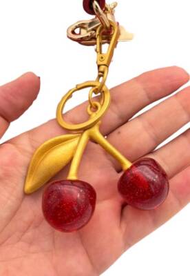 Angel Çanta Aksesuar Kırmızı Simli Kiraz Anahtarlık , Çanta Süsü Antik- Gold Metalli - 2