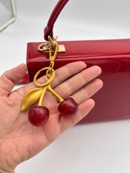 Angel Çanta Aksesuar Kırmızı Simli Kiraz Anahtarlık , Çanta Süsü Antik- Gold Metalli - Angel Çanta Aksesuar