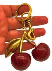 Angel Çanta Aksesuar Kırmızı Simli Kiraz Anahtarlık , Çanta Süsü Antik- Gold Metalli - Angel Çanta Aksesuar