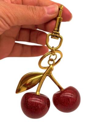 Angel Çanta Aksesuar Kırmızı Simli Kiraz Anahtarlık , Çanta Süsü Antik- Gold Metalli - 2