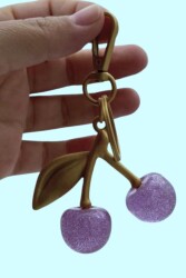 Angel Çanta Aksesuar Lila Simli Kiraz Anahtarlık , Çanta Süsü Antik- Gold Metalli - Angel Çanta Aksesuar