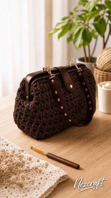 Angel Çanta Aksesuar 25 Cm Lüks Model Çanta Seti Koyu Kahve Light Gold Metalli - 3