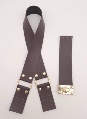 Angel Çanta Aksesuar 70x4 cm Suni Deri Çanta Saplı Kapaklı Kahverengi Çanta Seti Light Gold Metalli - 1