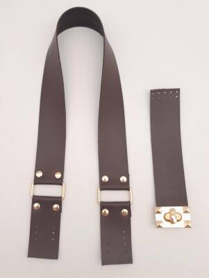 Angel Çanta Aksesuar 70x4 cm Suni Deri Çanta Saplı Kapaklı Kahverengi Çanta Seti Light Gold Metalli - 3