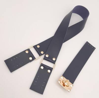 Angel Çanta Aksesuar 70x4 cm Suni Deri Çanta Saplı Kapaklı Lacivert Çanta Seti Light Gold Metalli - 2